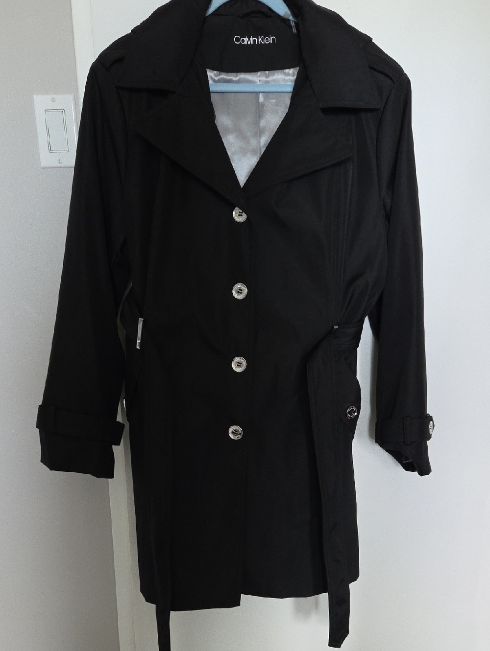 Calvin Klein Black Belted Trench Coat With Hood EUC